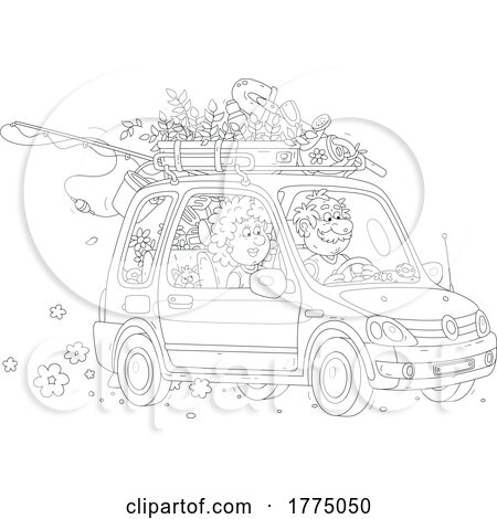 Cartoon Black and White Couple Moving or Taking a Road Trip by Alex Bannykh