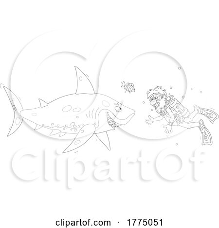 Cartoon Black and White Male Scuba Diver Facing a Shark by Alex Bannykh