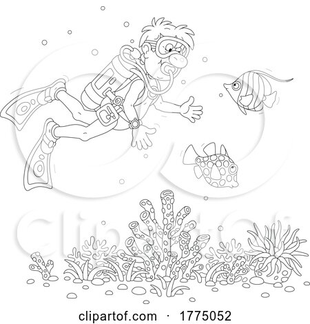 Cartoon Black and White Male Scuba Diver with Fish by Alex Bannykh