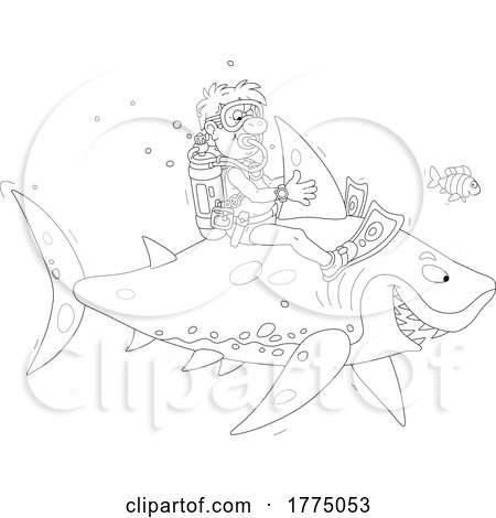 Cartoon Black and White Male Scuba Diver Riding a Shark by Alex Bannykh
