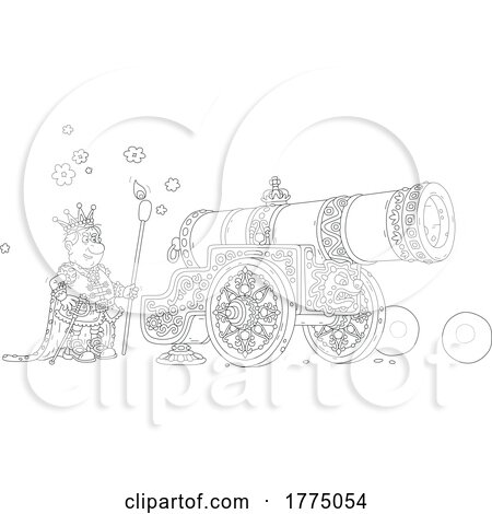 Cartoon Black and White King Lighting a Fancy Cannon by Alex Bannykh