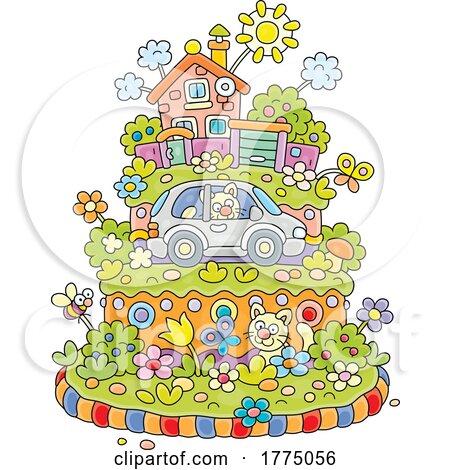 Cartoon Village Themed Birthday Cake with Cats House Garden and Cars by Alex Bannykh