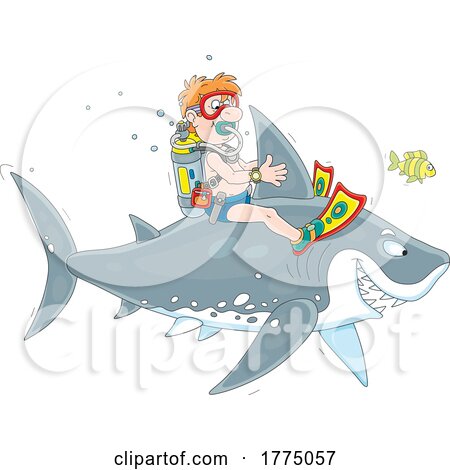 Cartoon Male Scuba Diver Riding a Shark by Alex Bannykh