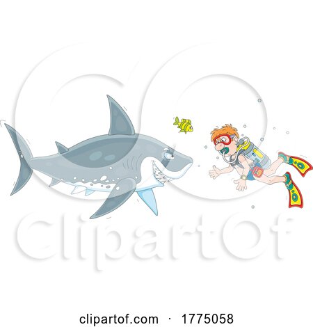 Cartoon Male Scuba Diver Facing a Shark by Alex Bannykh