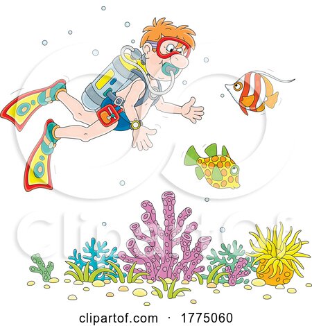 Cartoon Male Scuba Diver with Fish by Alex Bannykh