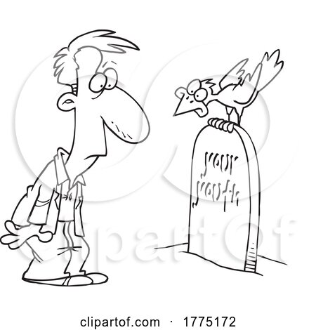 Cartoon Black and White Man Staring at a Crow on a Tombstone Reading Your Youth by toonaday