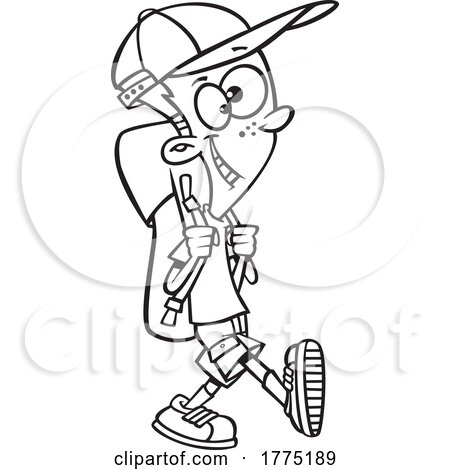 Cartoon Black and White Boy Hiking by toonaday