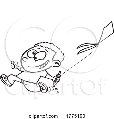 Cartoon Black and White Boy Running with a Kite by toonaday