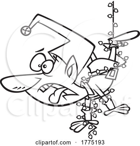 Cartoon Black and White Elf Tangled in Christmas Lights by toonaday