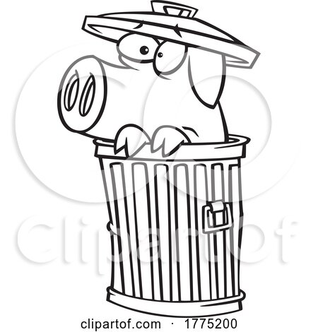 Cartoon Black and White Scared Pig Hiding in a Trash Can by toonaday