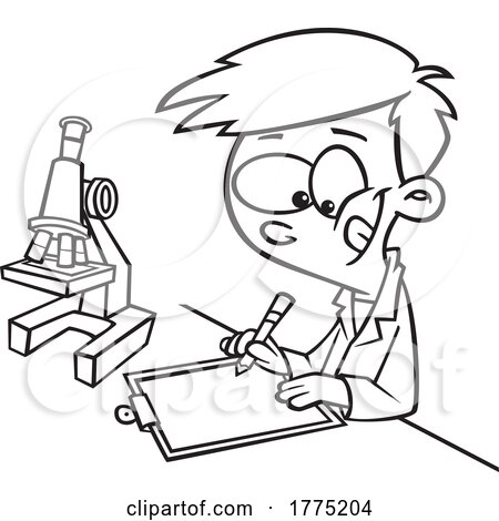 Cartoon Black and White Boy Taking Notes by a Microscope by toonaday