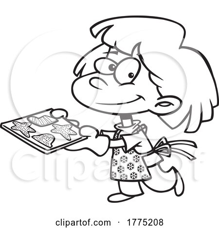 Cartoon Black and White Happy Girl Baking Christmas Cookies by toonaday
