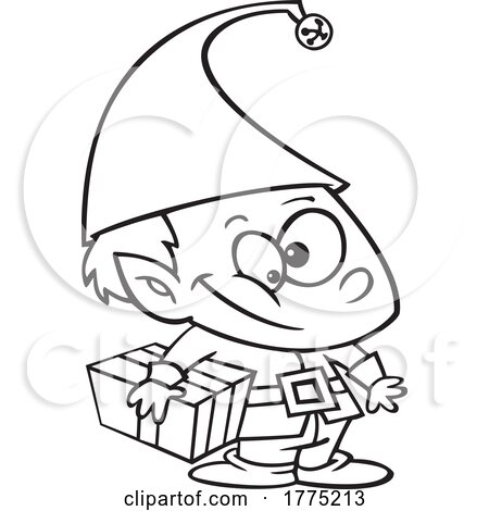 Cartoon Black and White Christmas Elf Kid Holding a Gift by toonaday