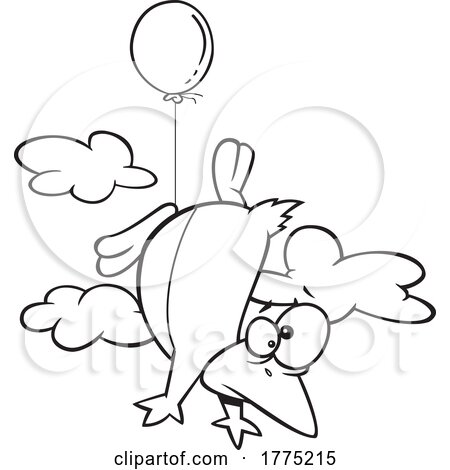 Cartoon Black and White Penguin Floating with a Balloon by toonaday