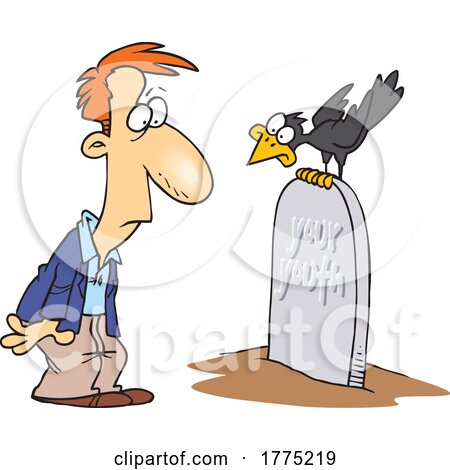 Cartoon Man Staring at a Crow on a Tombstone Reading Your Youth by toonaday