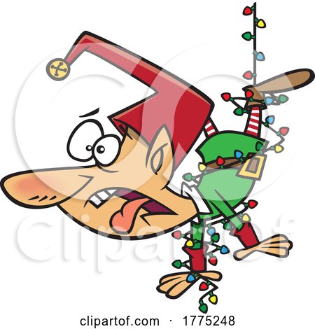 Cartoon Elf Tangled in Christmas Lights by toonaday