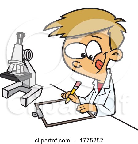 Cartoon Boy Taking Notes by a Microscope by toonaday