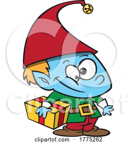 Cartoon Christmas Elf Kid Holding a Gift by toonaday