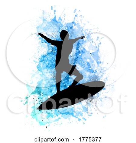 Silhouette of a Surfer on an Ocean Themed Watercolour Background by KJ Pargeter