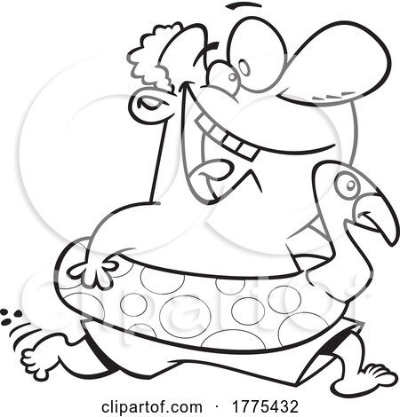 Cartoon Happy Man Running on a Beach with a Flamingo Inner Tube by toonaday