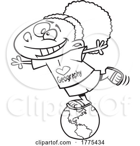 Cartoon Girl Wearing an I Love Geography Shirt and Balancing on a Globe by toonaday