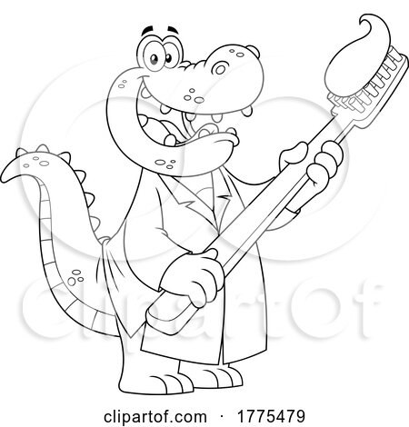 Cartoon Black and White Dentist Crocodile Holding a Toothbrush by Hit Toon