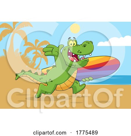 Cartoon Surfer Crocodile on a Beach by Hit Toon