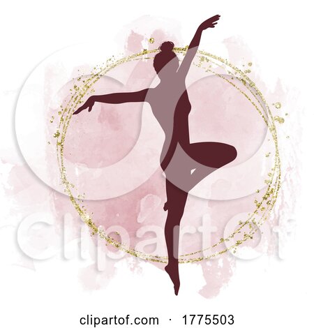 Silhouetted Ballerina Dancer on Watercolor and Gold Glitter by KJ Pargeter