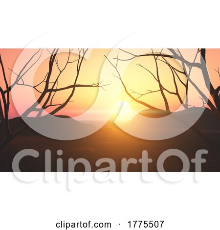 3D Sunset Landscape with Silhouetted Trees by KJ Pargeter