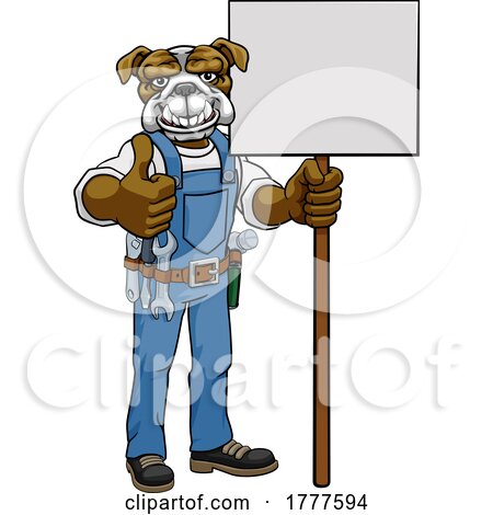 Bulldog Cartoon Mascot Handyman Holding Sign by AtStockIllustration