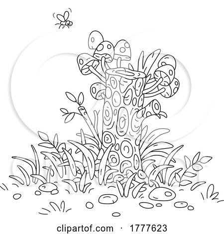 Cartoon Black and White Fly over a Tree Stump with Mushrooms by Alex Bannykh