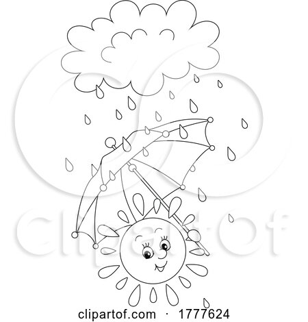 Cartoon Black and White Cheerful Sun Holding an Umbrella in Spring Showers by Alex Bannykh