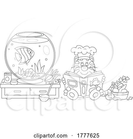 Cartoon Black and White Cat Wearing a Chef Hat and Reading a Cookbook by a Fish Bowl by Alex Bannykh