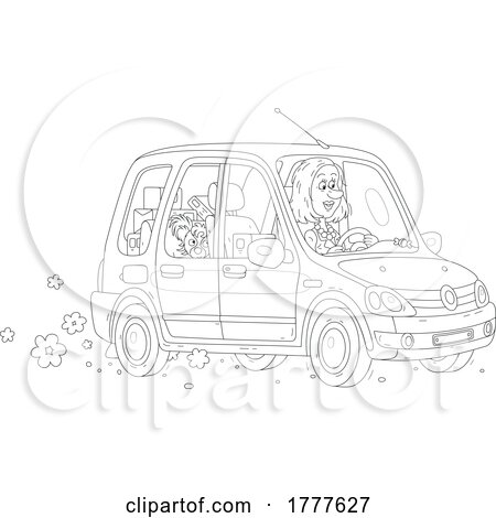Cartoon Black and White Woman Driving Her Car with Packages and a Dog by Alex Bannykh