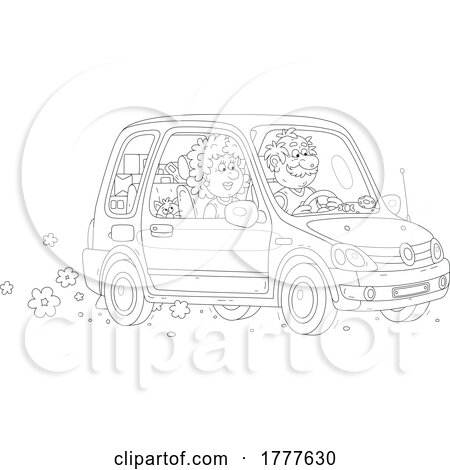 Cartoon Black and White Senior Couple and Cat Traveling with Gifts by Alex Bannykh