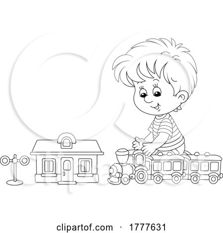 Cartoon Black and White Boy Playing with a Train Set by Alex Bannykh