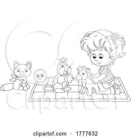 Cartoon Black and White Girl Playing wIth Stuffed Animals by Alex Bannykh