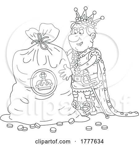 Cartoon Black and White Greedy King with a Giant Sack of Gold Coins by Alex Bannykh