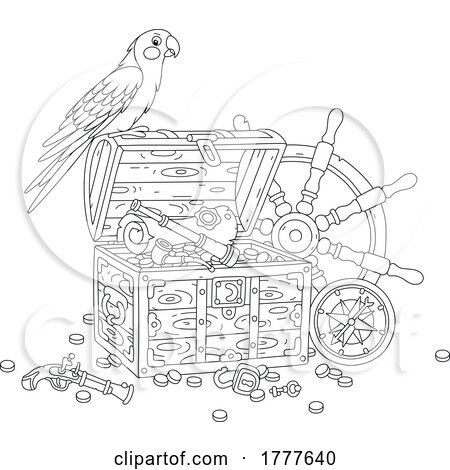 Cartoon Black and White Pirate Parrot on an Open Treasure Chest with a Map Coins Compass Gun and Helm by Alex Bannykh