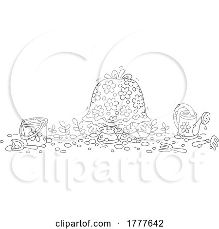 Cartoon Black and White Rear View of a Woman Bending over in a Garden and Looking like a Mushroom by Alex Bannykh