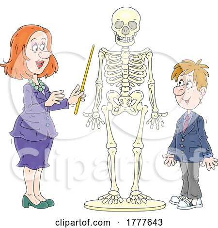 Cartoon Teacher and Student Looking at an Anatomy Skeleton by Alex Bannykh
