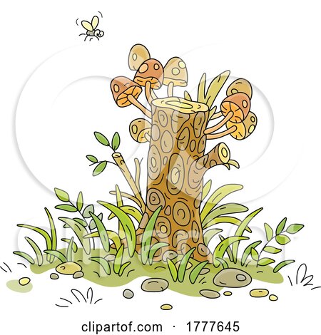 Cartoon Fly over a Tree Stump with Mushrooms by Alex Bannykh