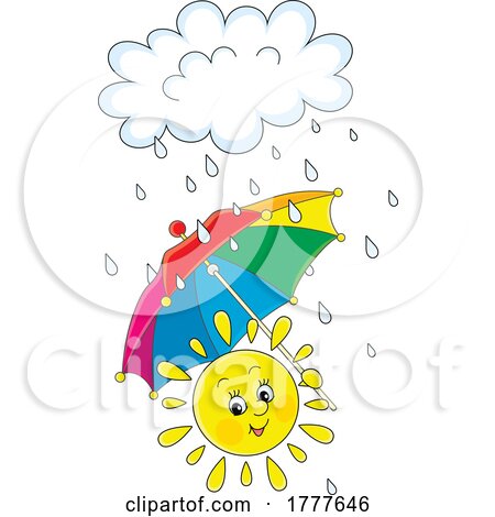 Cartoon Cheerful Sun Holding an Umbrella in Spring Showers by Alex Bannykh