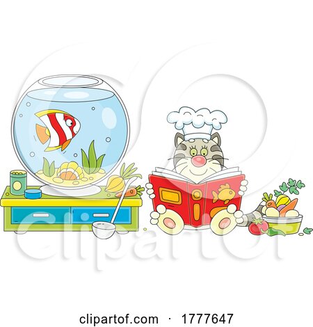 Cartoon Cat Wearing a Chef Hat and Reading a Cookbook by a Fish Bowl by Alex Bannykh