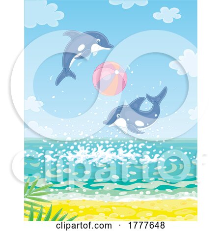 Cartoon Leaping Dolphins Playing with a Beach Ball by Alex Bannykh