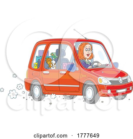 Cartoon Woman Driving Her Car with Packages and a Dog by Alex Bannykh