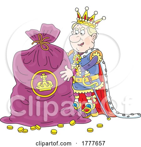 Cartoon Greedy King with a Giant Sack of Gold Coins by Alex Bannykh
