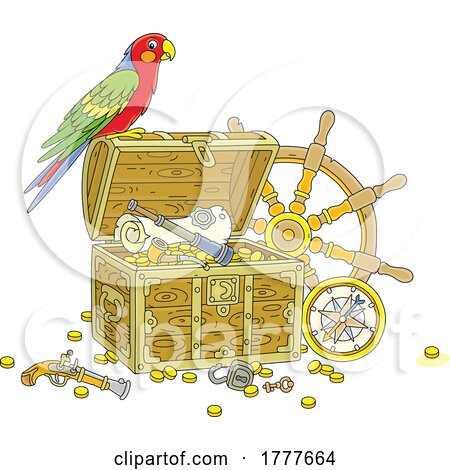 Cartoon Pirate Parrot on an Open Treasure Chest with a Map Coins Compass Gun and Helm by Alex Bannykh