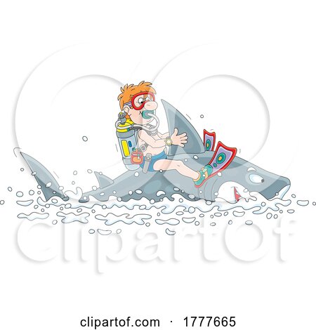 Cartoon Scuba Diver Riding on a Shark by Alex Bannykh