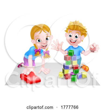 Cartoon Boy and Girl Playing with Blocks and Car by AtStockIllustration